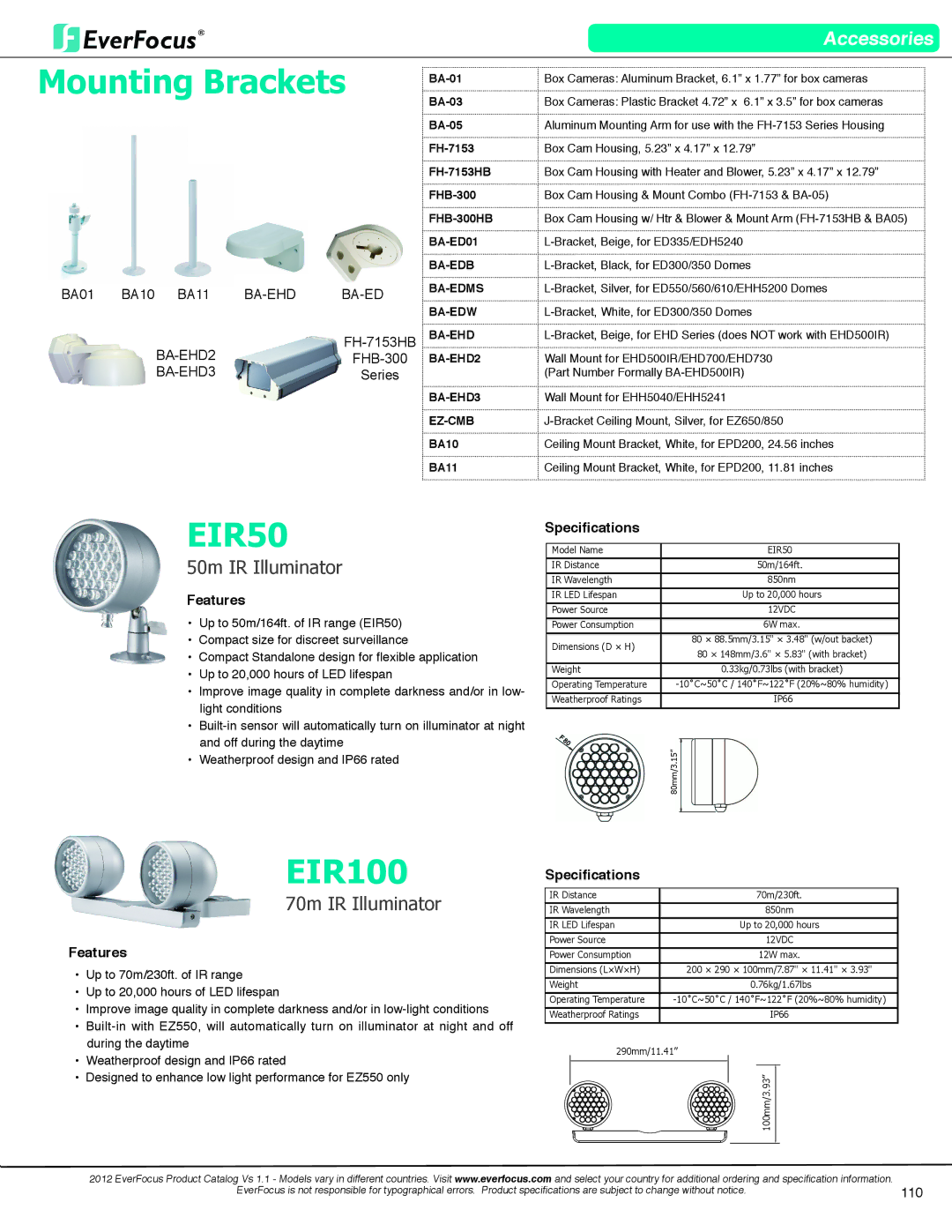 EverFocus EN7519VGA dimensions Mounting Brackets, EIR100, 50m IR Illuminator, 70m IR Illuminator, 110 