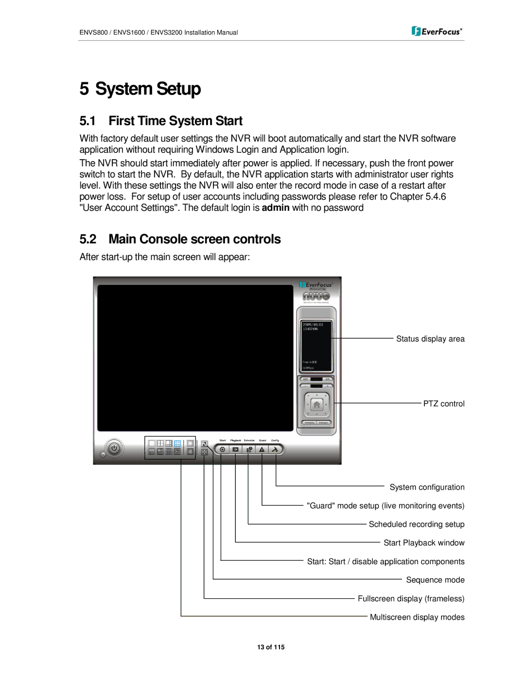 EverFocus ENVS3200, ENVS800, ENVS1600 manual First Time System Start, Main Console screen controls 