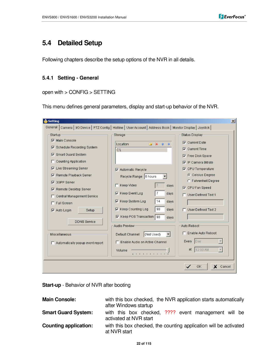 EverFocus ENVS3200, ENVS800, ENVS1600 manual Detailed Setup, Setting General 