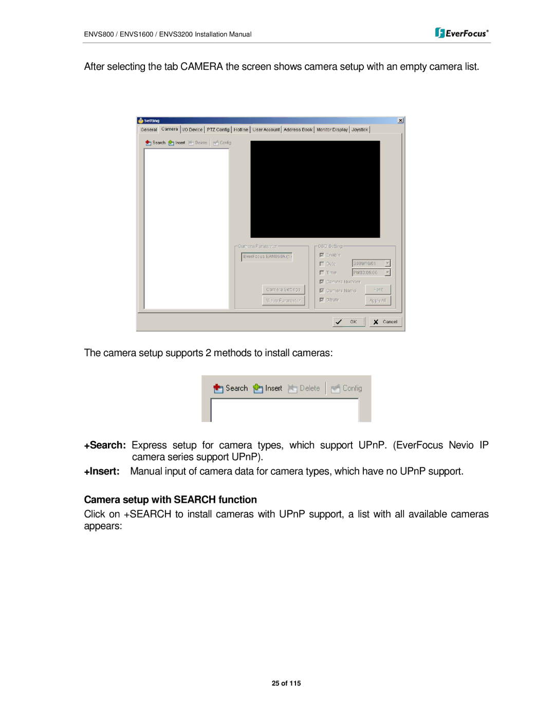 EverFocus ENVS3200, ENVS800, ENVS1600 manual Camera setup with Search function 