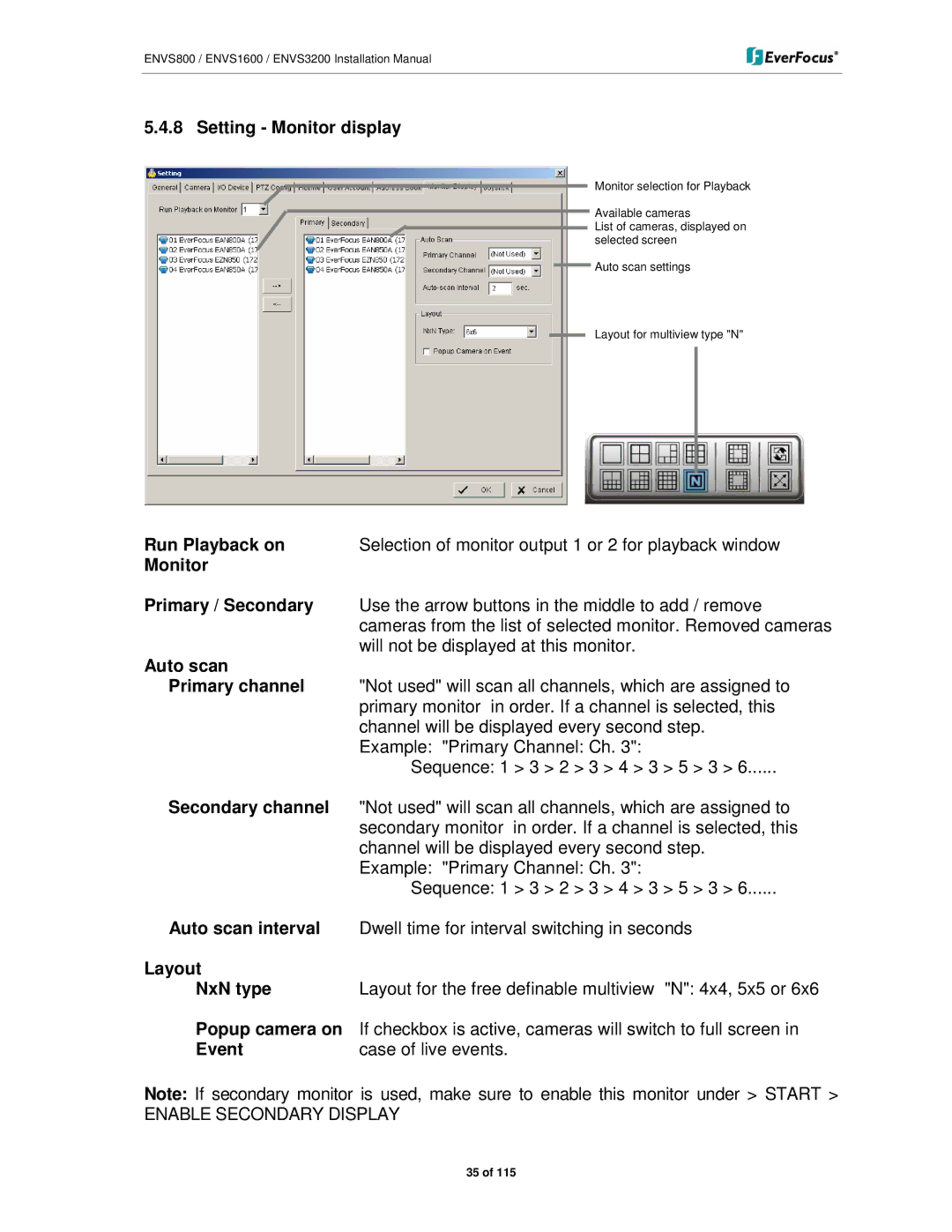 EverFocus ENVS1600 Setting Monitor display, Run Playback on, Monitor Primary / Secondary, Auto scan Primary channel, Event 