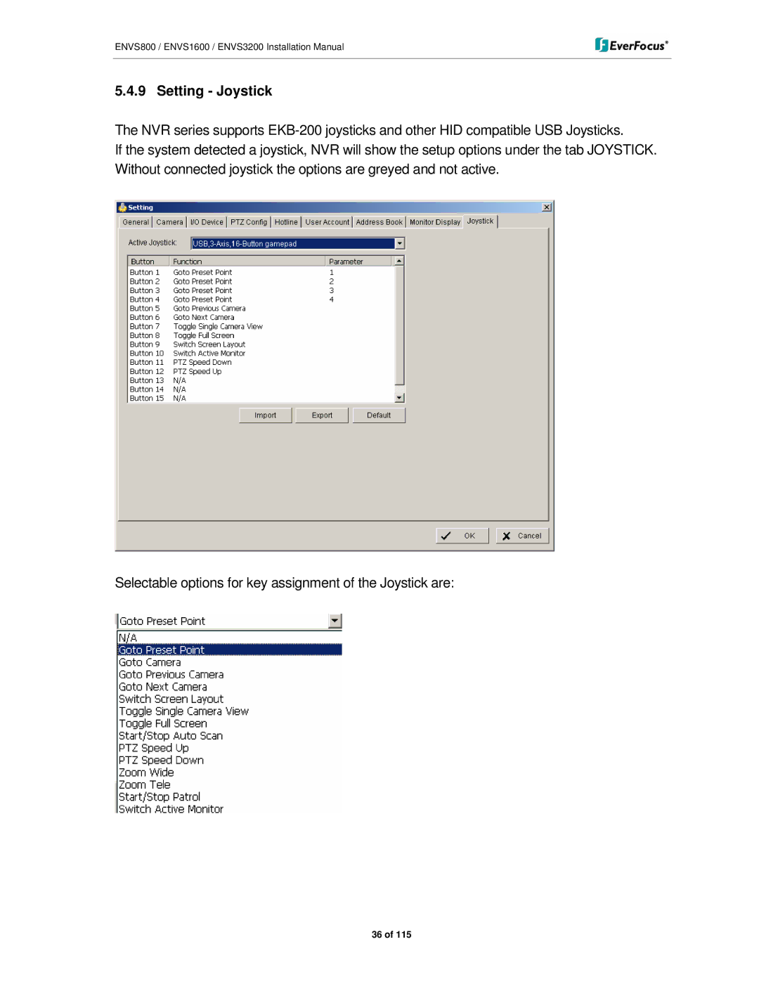 EverFocus ENVS800, ENVS3200, ENVS1600 manual Setting Joystick 