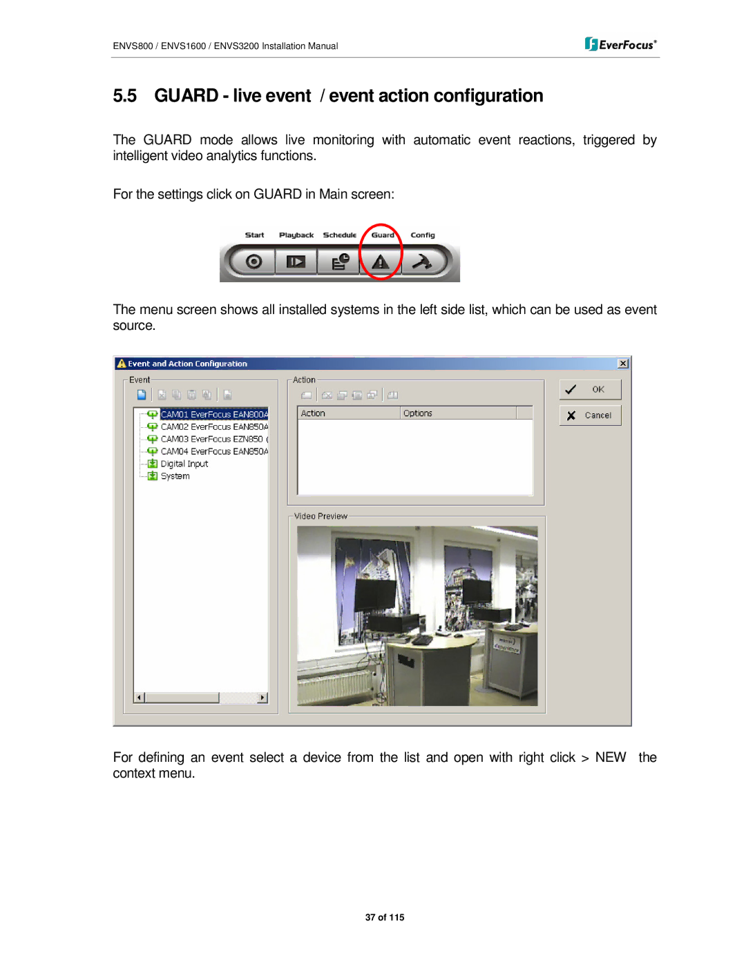 EverFocus ENVS3200, ENVS800, ENVS1600 manual Guard live event / event action configuration 