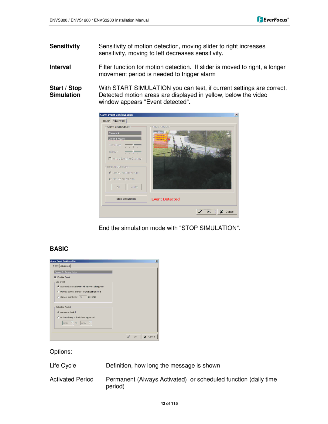 EverFocus ENVS800, ENVS3200, ENVS1600 manual Sensitivity, Interval, Start / Stop, Simulation 