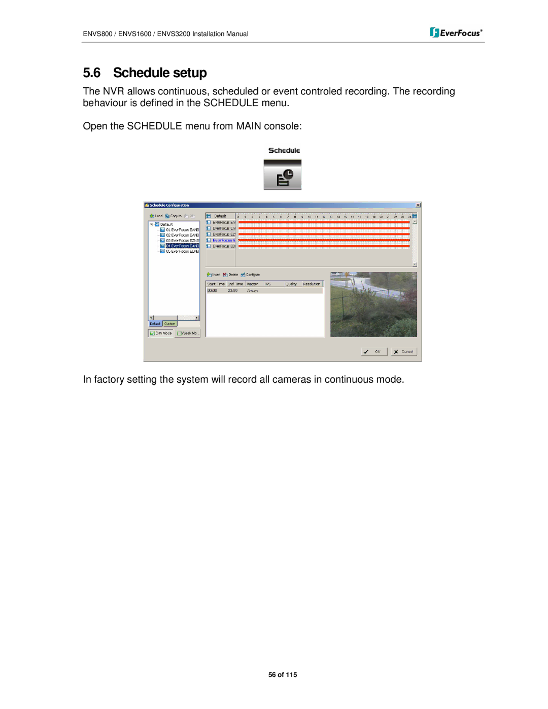 EverFocus ENVS1600, ENVS800, ENVS3200 manual Schedule setup 