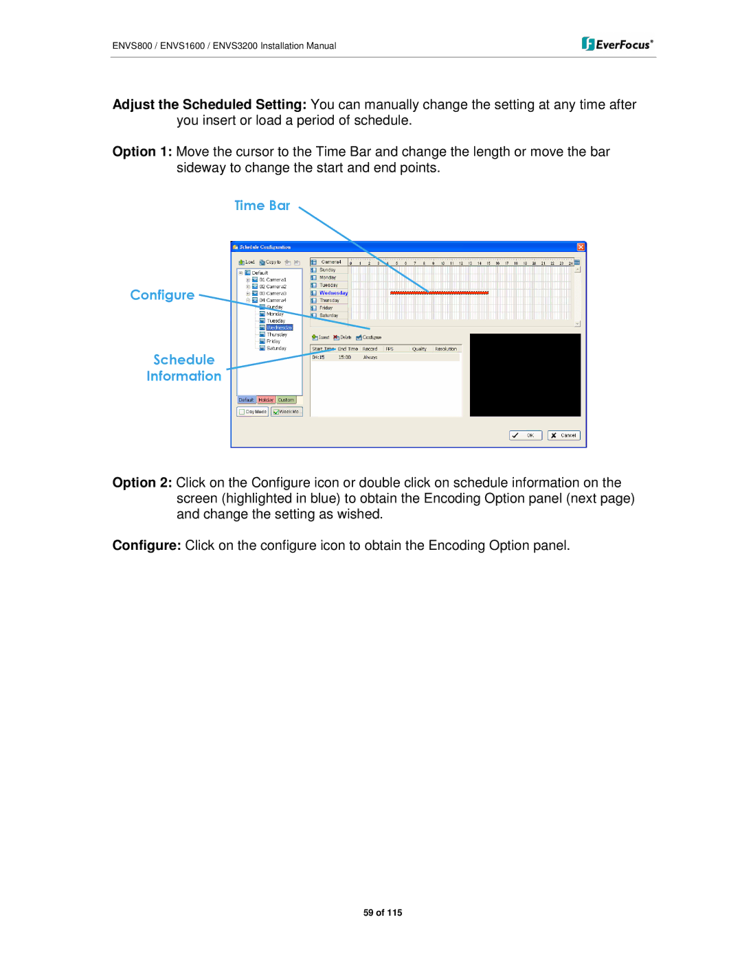 EverFocus ENVS1600, ENVS800, ENVS3200 manual Time Bar Configure Schedule Information 