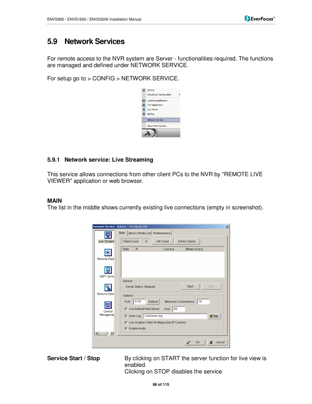 EverFocus ENVS800, ENVS3200, ENVS1600 manual Network Services, Network service Live Streaming, Service Start / Stop 