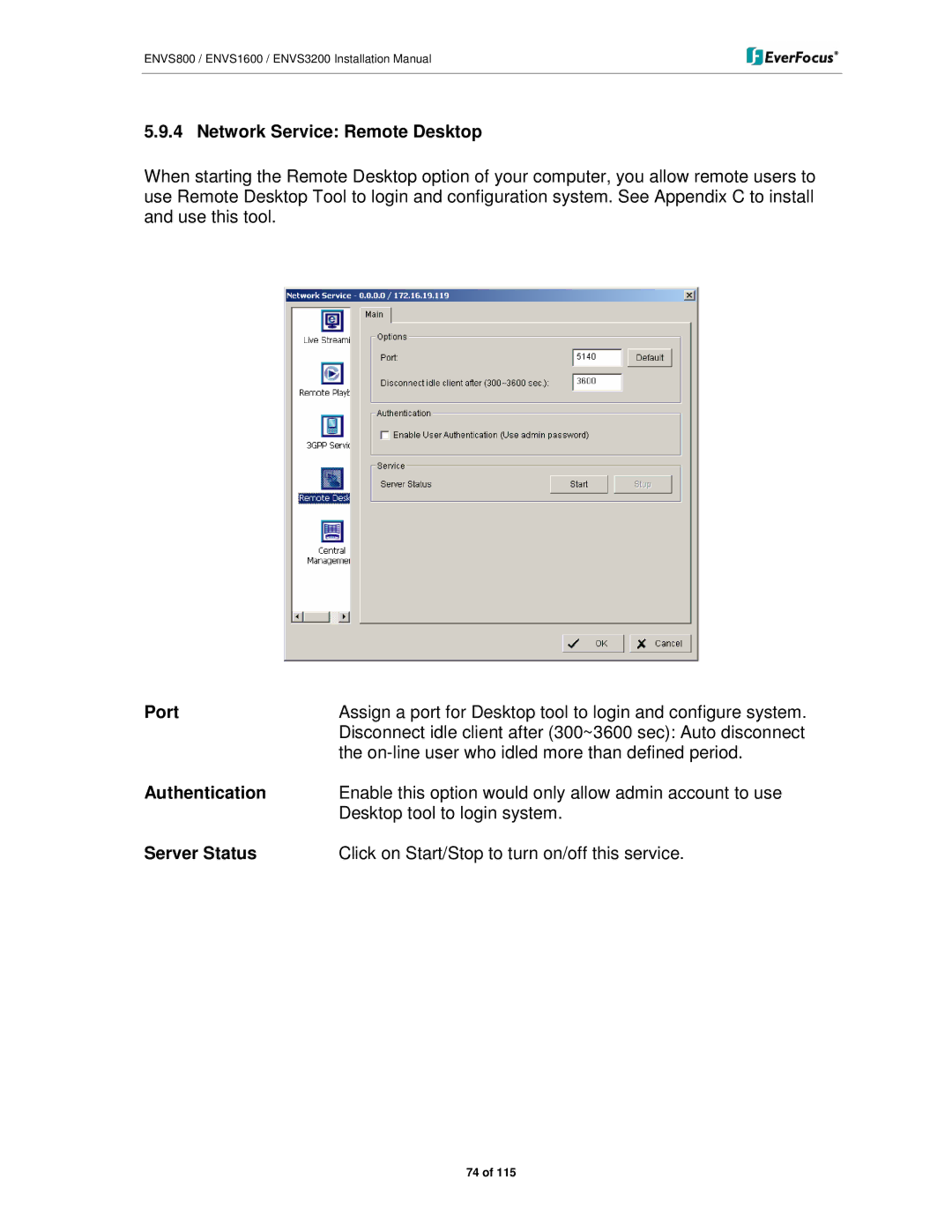 EverFocus ENVS1600, ENVS800, ENVS3200 manual Network Service Remote Desktop, Authentication, Server Status 