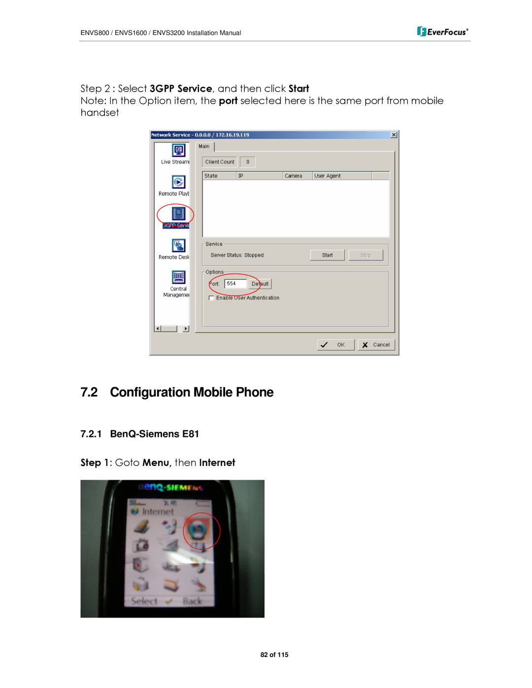 EverFocus ENVS3200, ENVS800, ENVS1600 manual Configuration Mobile Phone, BenQ-Siemens E81 