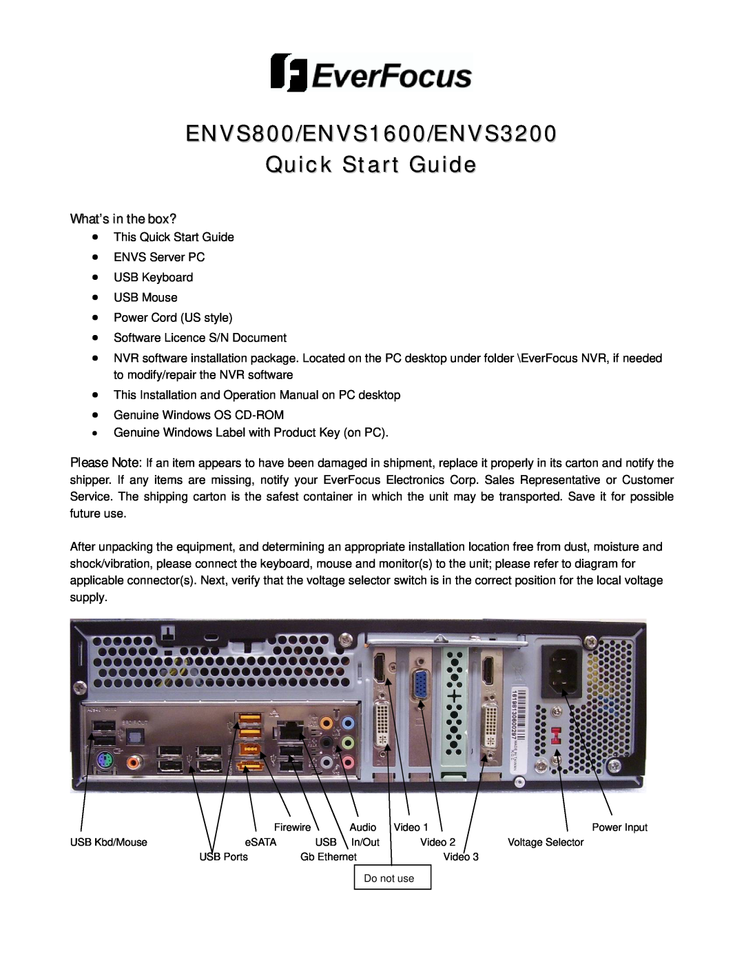 EverFocus quick start ENVS800/ENVS1600/ENVS3200 Quick Start Guide, What’s in the box? 