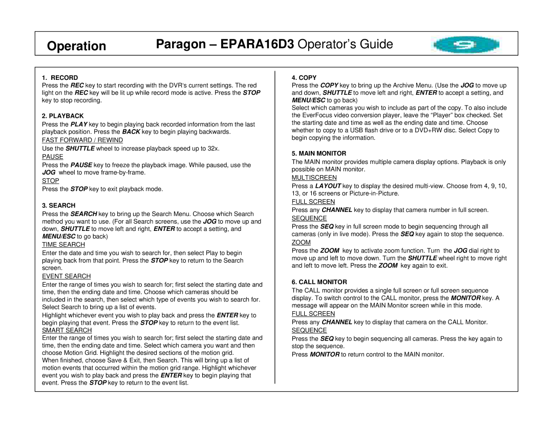 EverFocus manual Operation Paragon EPARA16D3 Operator’s Guide 