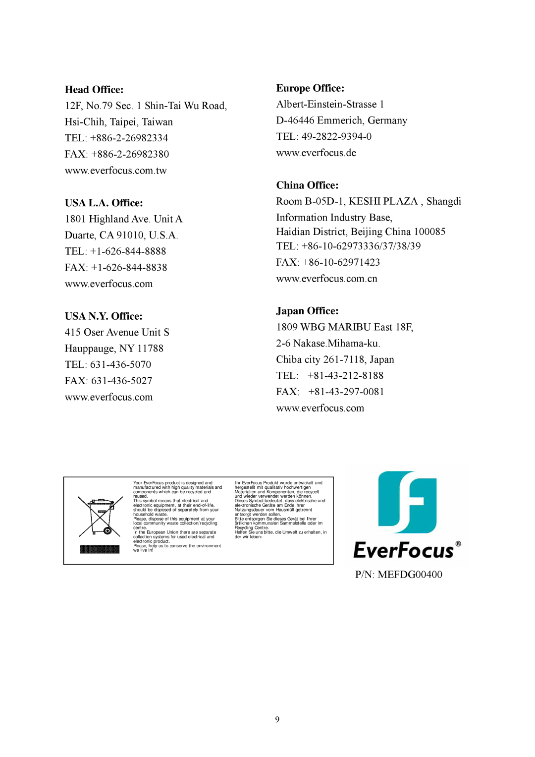 EverFocus EPD200 specifications Head Office, USA L.A. Office USA N.Y. Office Europe Office, China Office, Japan Office 