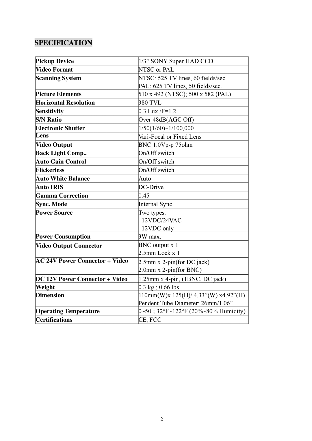 EverFocus EPD200 specifications Specification 