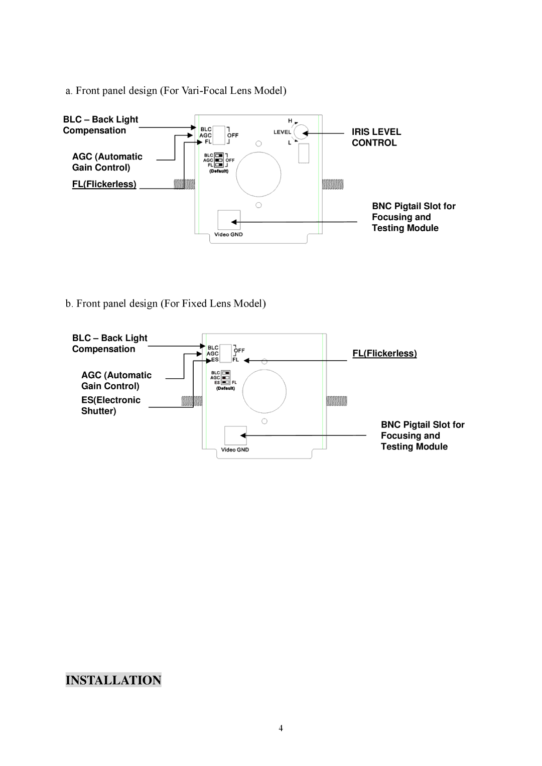 EverFocus EPD200 specifications Installation, Front panel design For Fixed Lens Model 