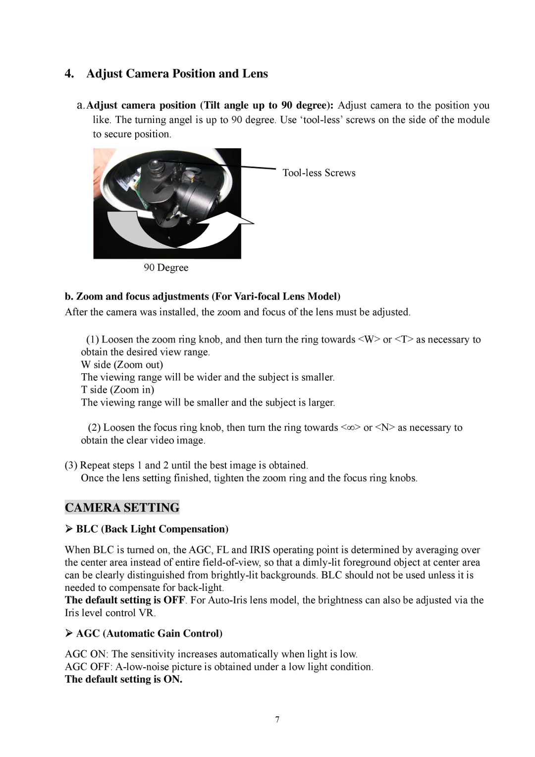 EverFocus EPD200 specifications Adjust Camera Position and Lens, Camera Setting 