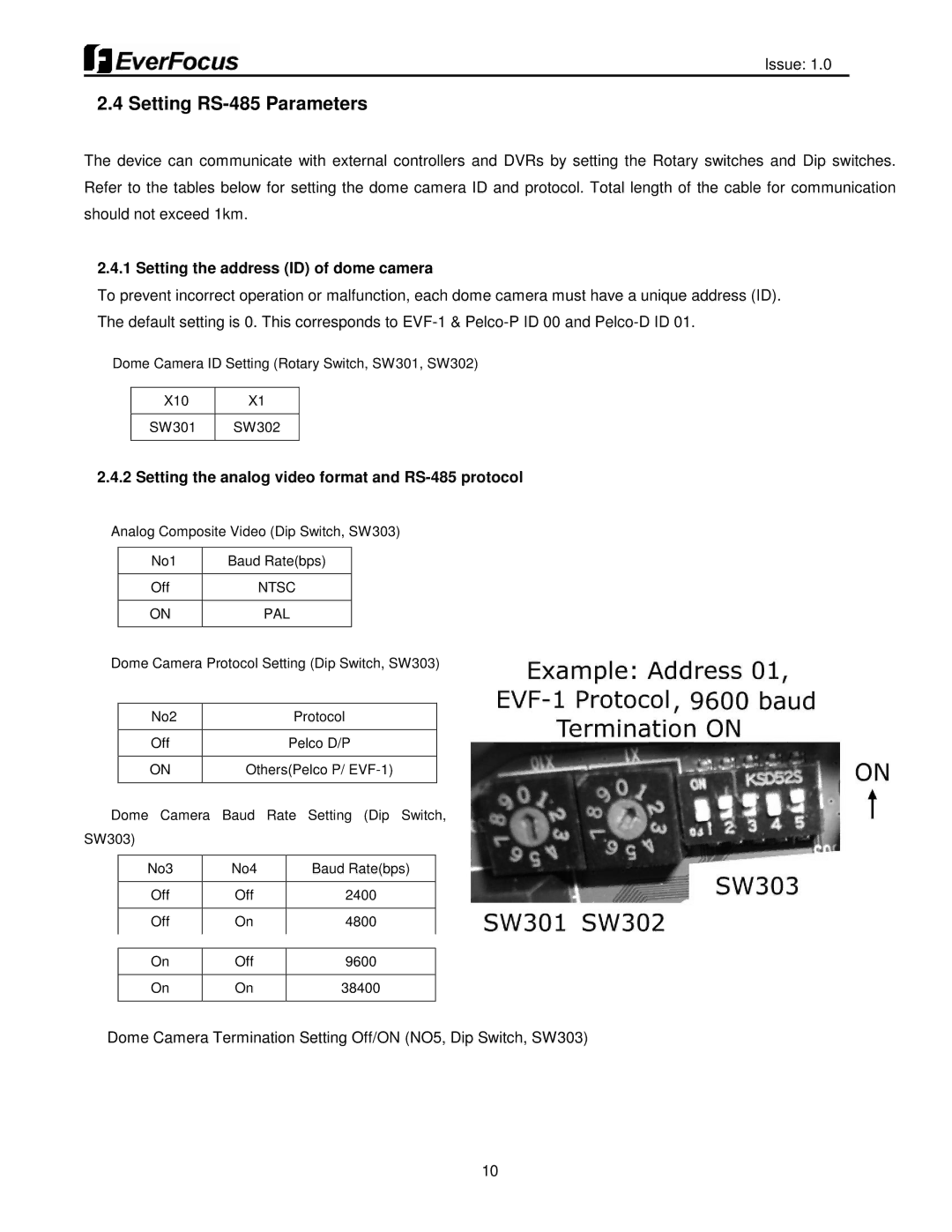 EverFocus EPH5212 user manual Setting RS-485 Parameters, Setting the address ID of dome camera 