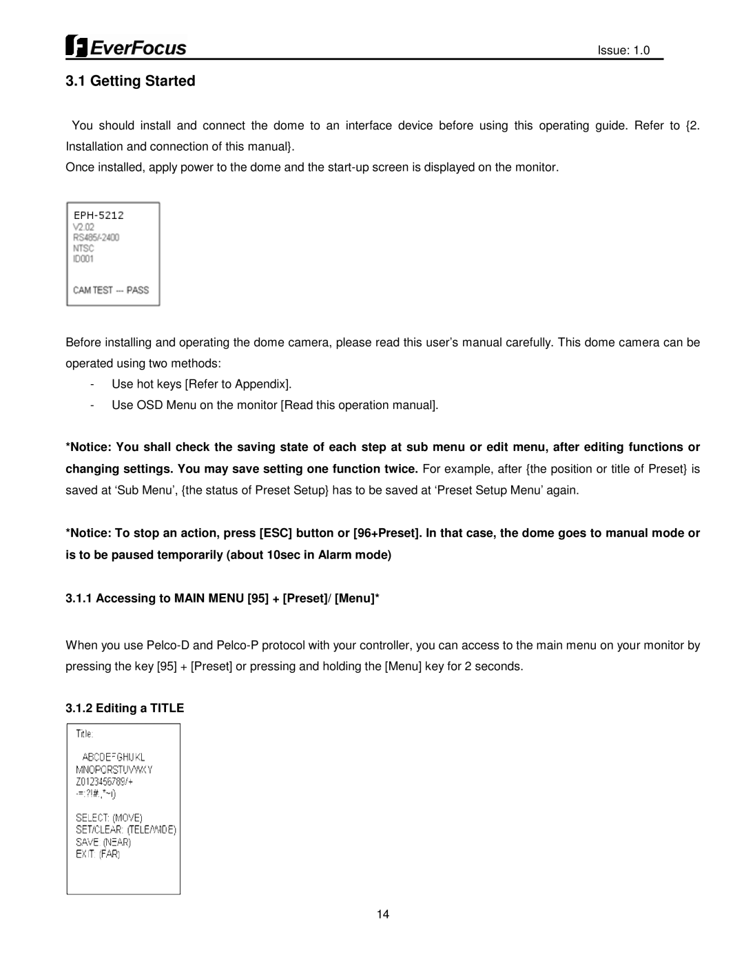 EverFocus EPH5212 user manual Getting Started, Accessing to Main Menu 95 + Preset/ Menu, Editing a Title 