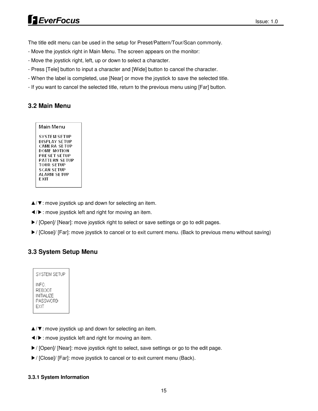 EverFocus EPH5212 user manual Main Menu, System Setup Menu, System Information 