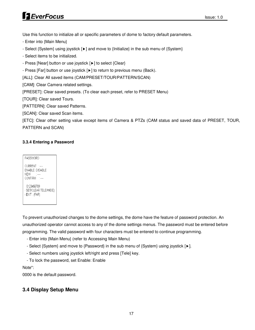 EverFocus EPH5212 user manual Display Setup Menu, Entering a Password 