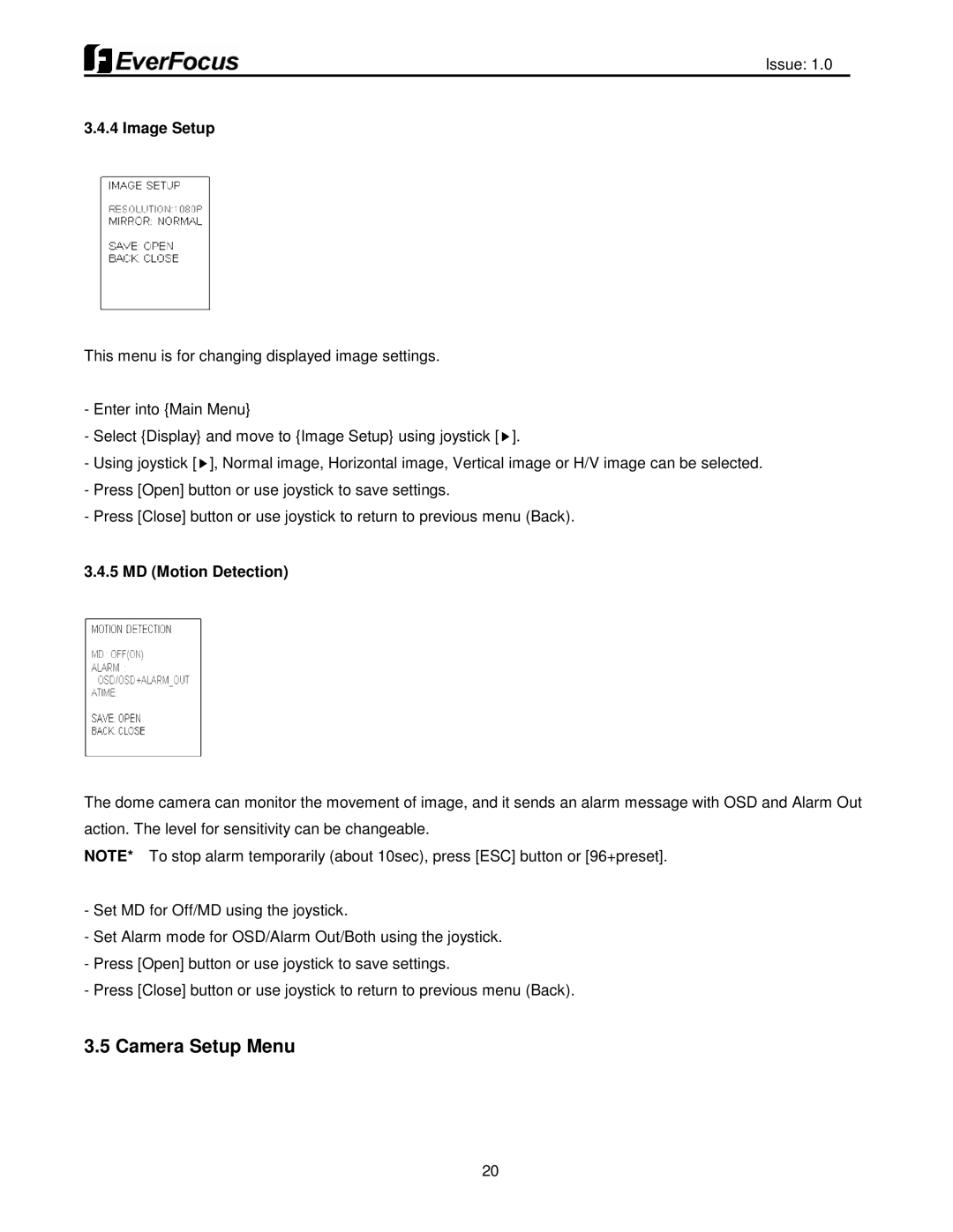 EverFocus EPH5212 user manual Camera Setup Menu, Image Setup, MD Motion Detection 