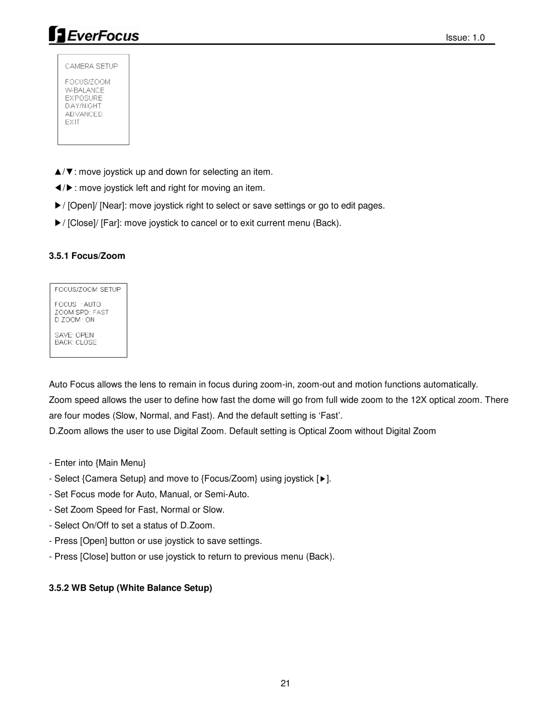 EverFocus EPH5212 user manual Focus/Zoom 