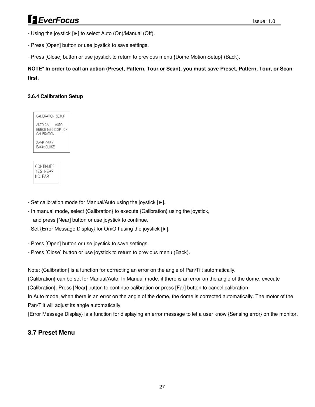 EverFocus EPH5212 user manual Preset Menu, Calibration Setup 