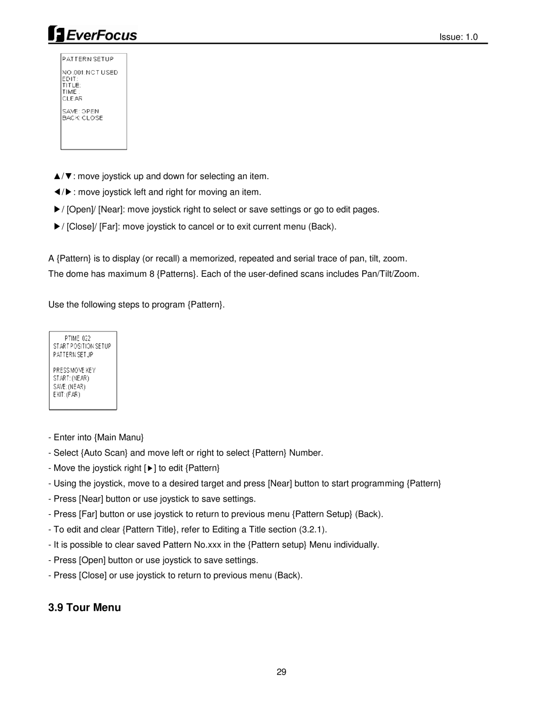 EverFocus EPH5212 user manual Tour Menu 