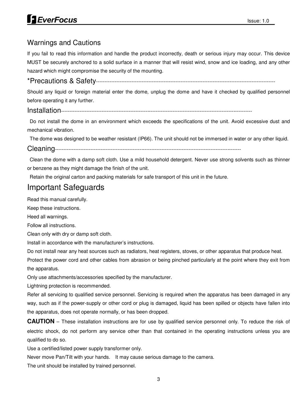 EverFocus EPH5212 user manual Important Safeguards 