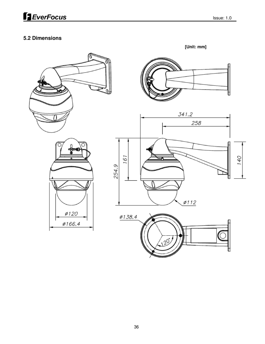 EverFocus EPH5212 user manual Dimensions, Unit mm 