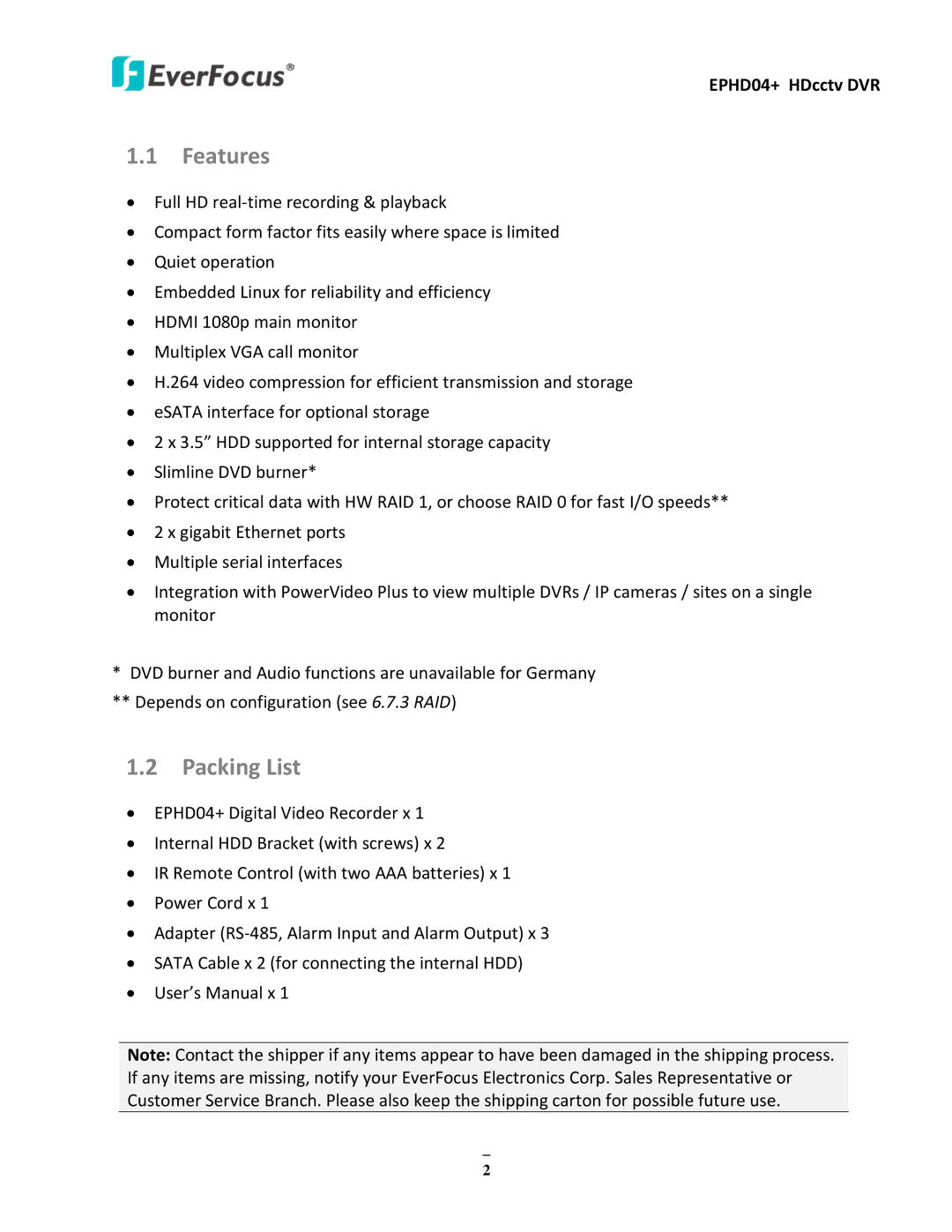 EverFocus EPHD04+ user manual Features, Packing List 