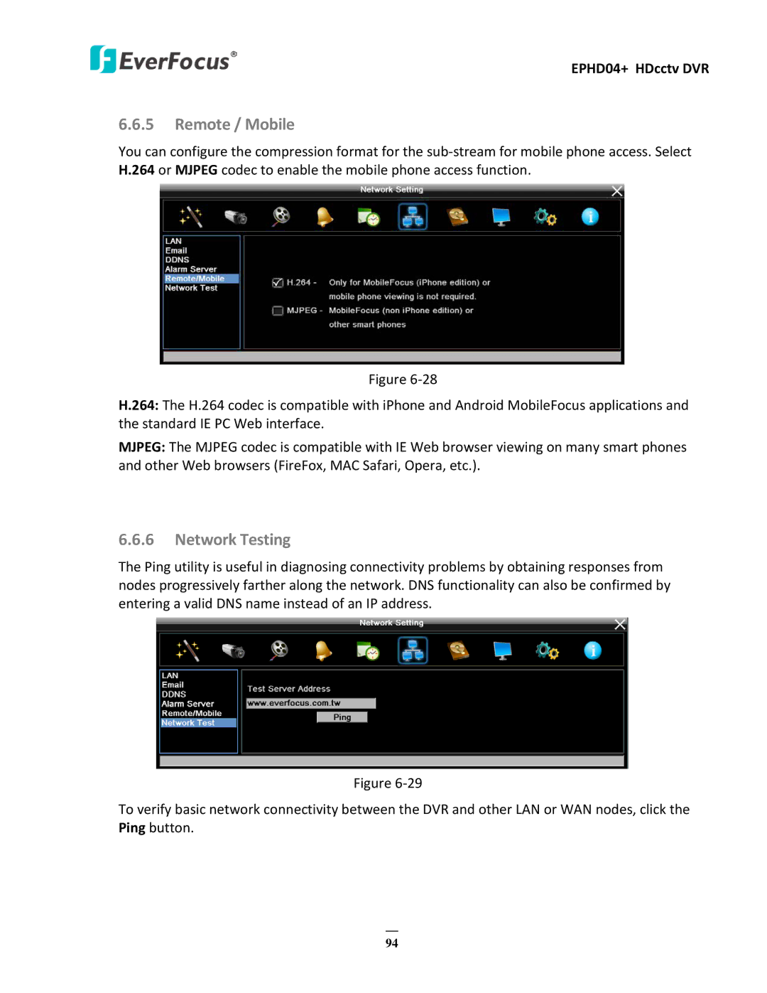 EverFocus EPHD04+ user manual Remote / Mobile, Network Testing 