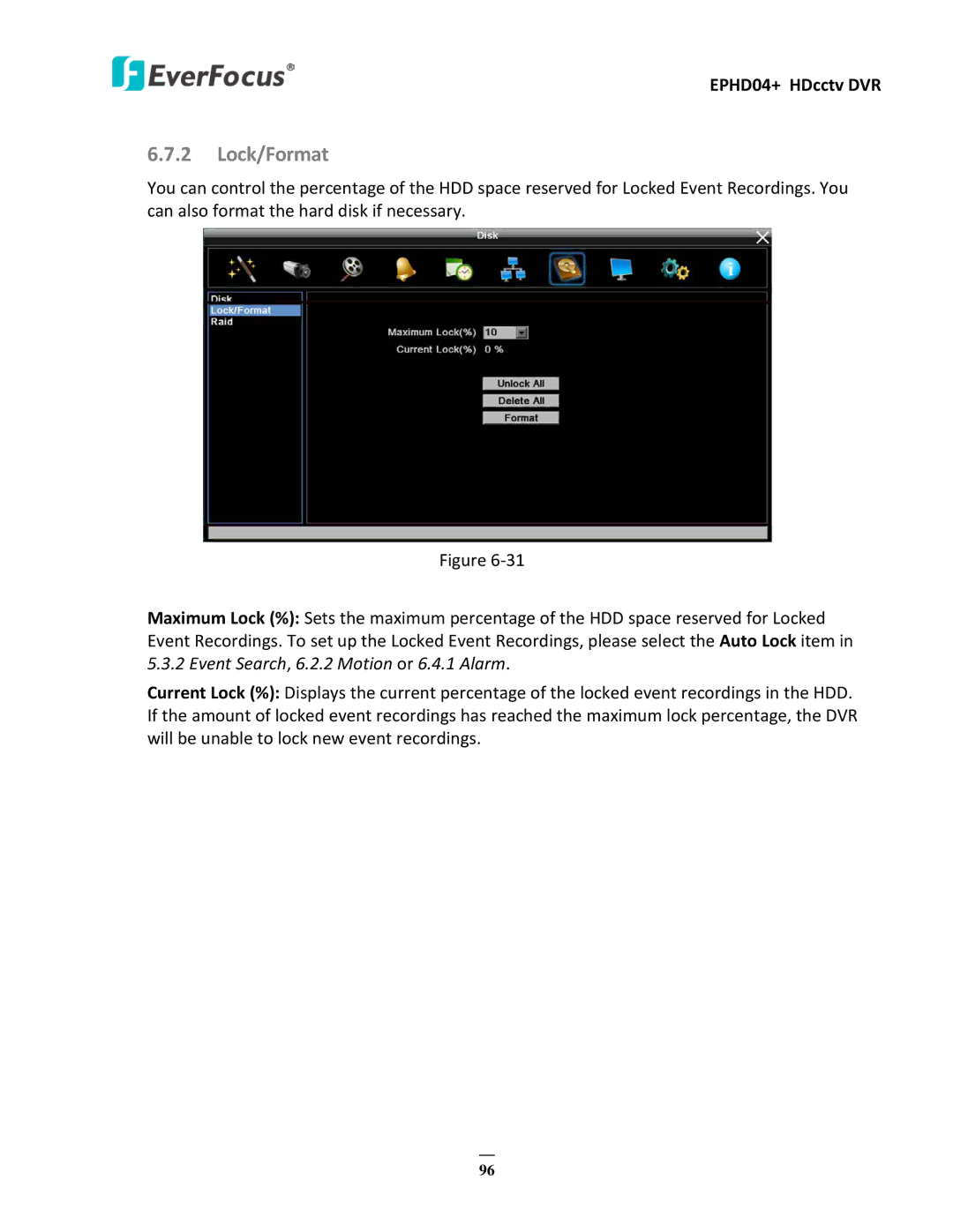 EverFocus EPHD04+ user manual Lock/Format 