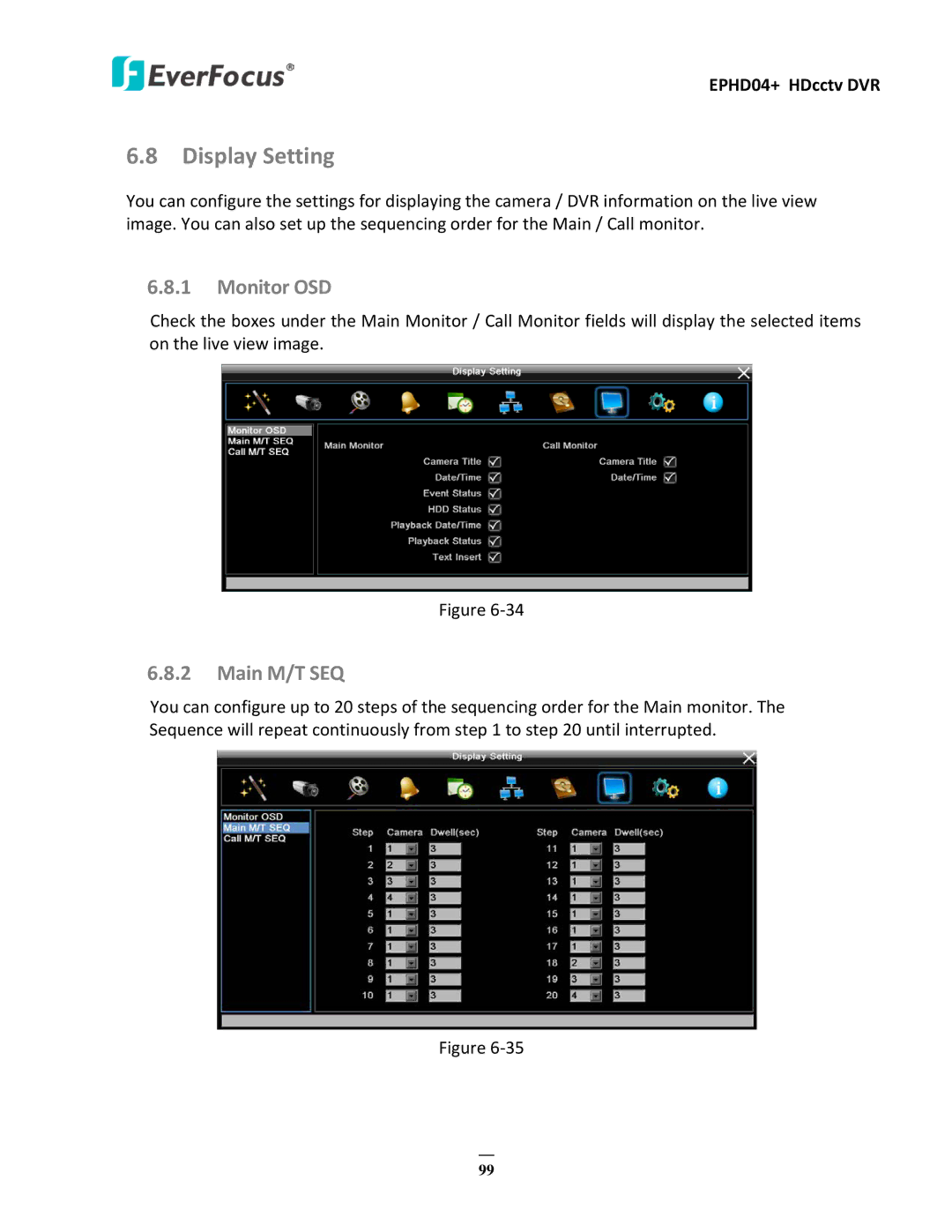 EverFocus EPHD04+ user manual Display Setting, Monitor OSD, Main M/T SEQ 