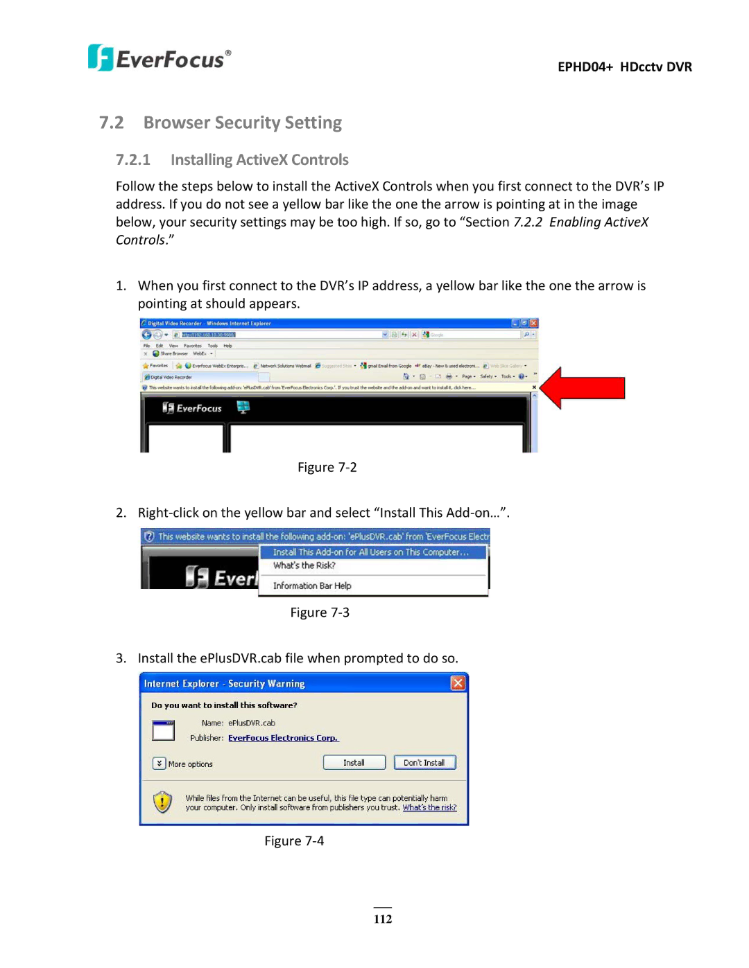 EverFocus EPHD04+ user manual Browser Security Setting, Installing ActiveX Controls 