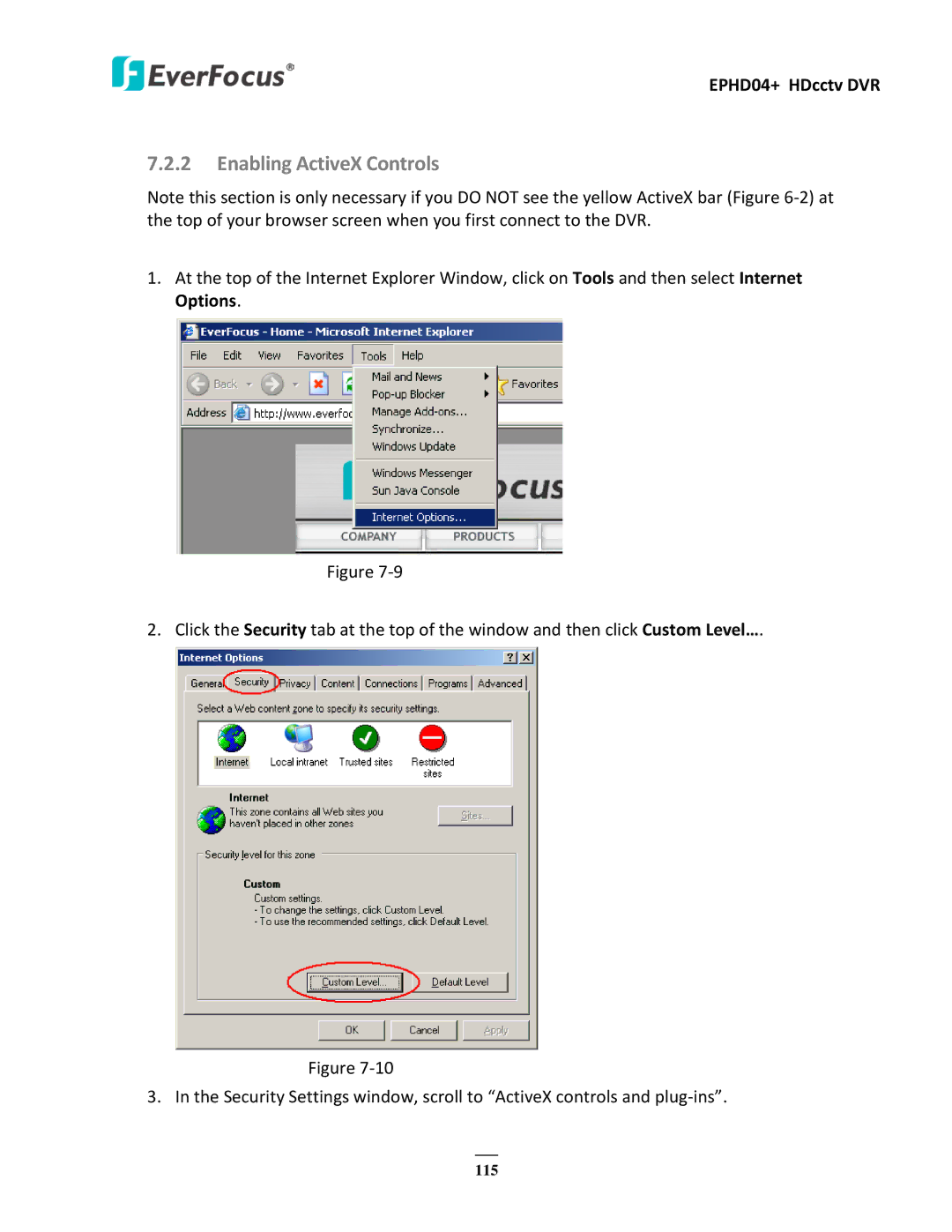 EverFocus EPHD04+ user manual Enabling ActiveX Controls 