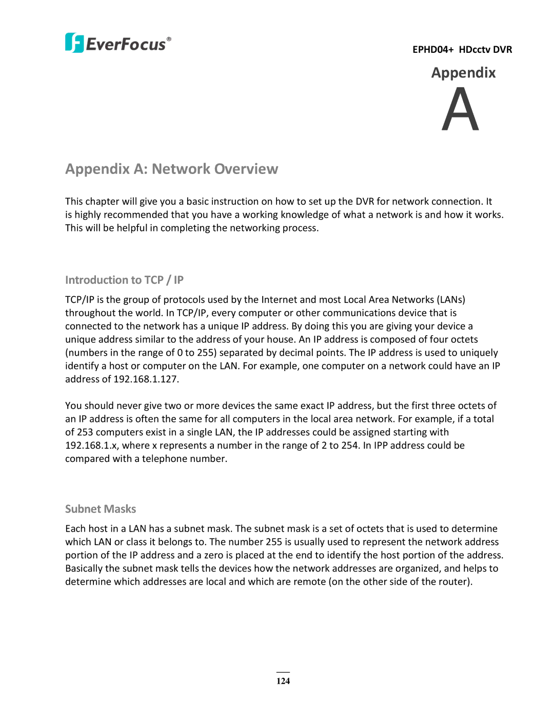 EverFocus EPHD04+ user manual Appendix a Network Overview, Introduction to TCP / IP, Subnet Masks 