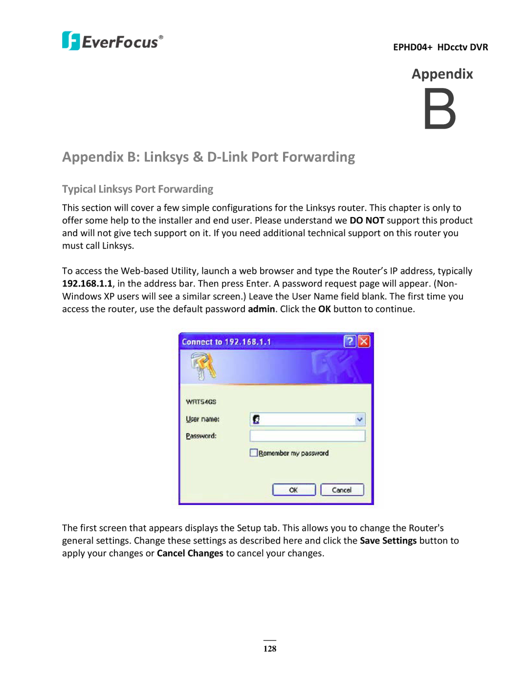 EverFocus EPHD04+ user manual Appendix B Linksys & D-Link Port Forwarding, Typical Linksys Port Forwarding 