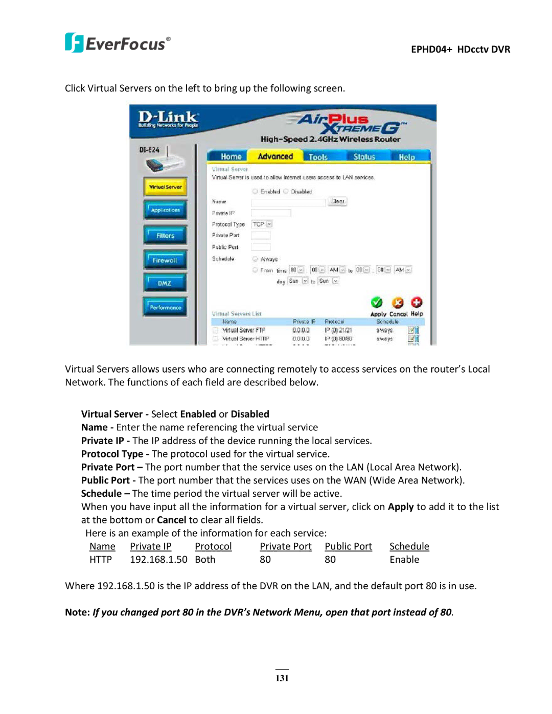 EverFocus EPHD04+ user manual Virtual Server Select Enabled or Disabled, Http 