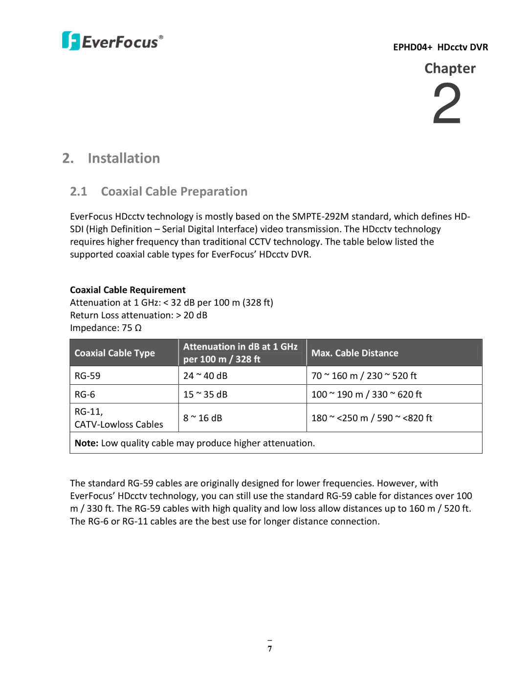 EverFocus EPHD04+ user manual Installation, Coaxial Cable Preparation, Coaxial Cable Requirement 