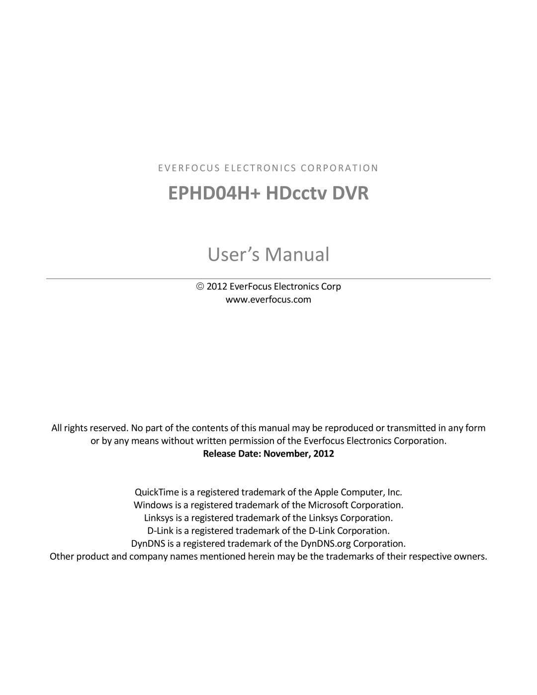 EverFocus EPHD04+ user manual EPHD04H+ HDcctv DVR, Release Date November 