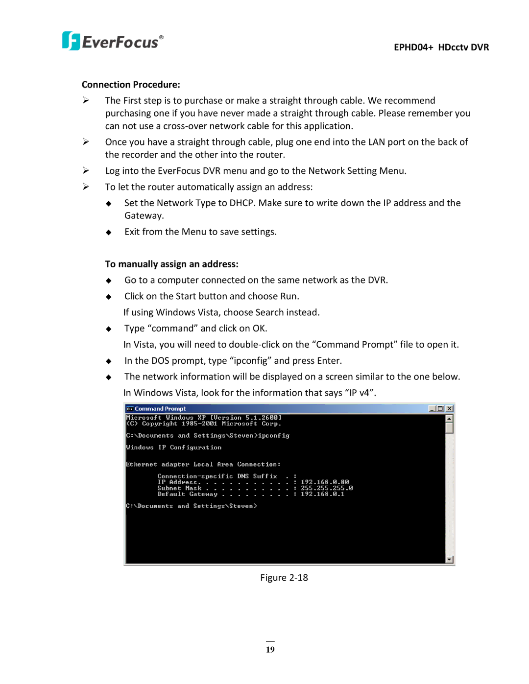 EverFocus user manual EPHD04+ HDcctv DVR Connection Procedure, To manually assign an address 