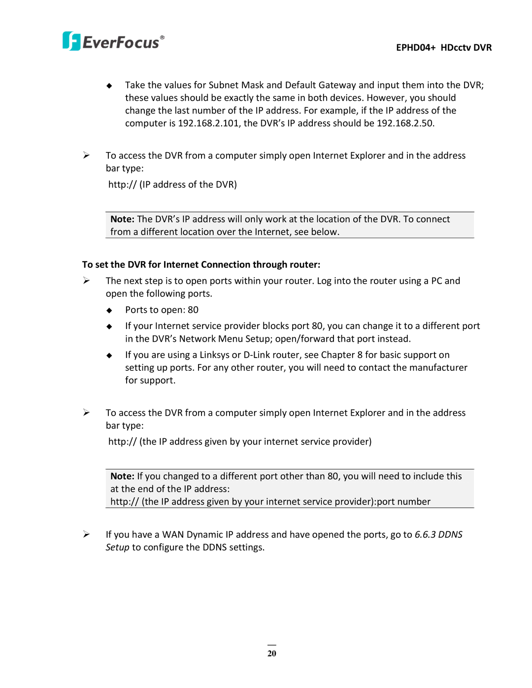 EverFocus EPHD04+ user manual To set the DVR for Internet Connection through router 