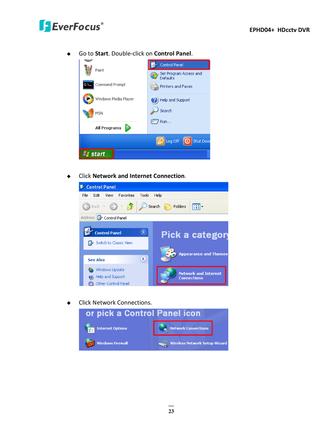 EverFocus EPHD04+ user manual  Click Network and Internet Connection 