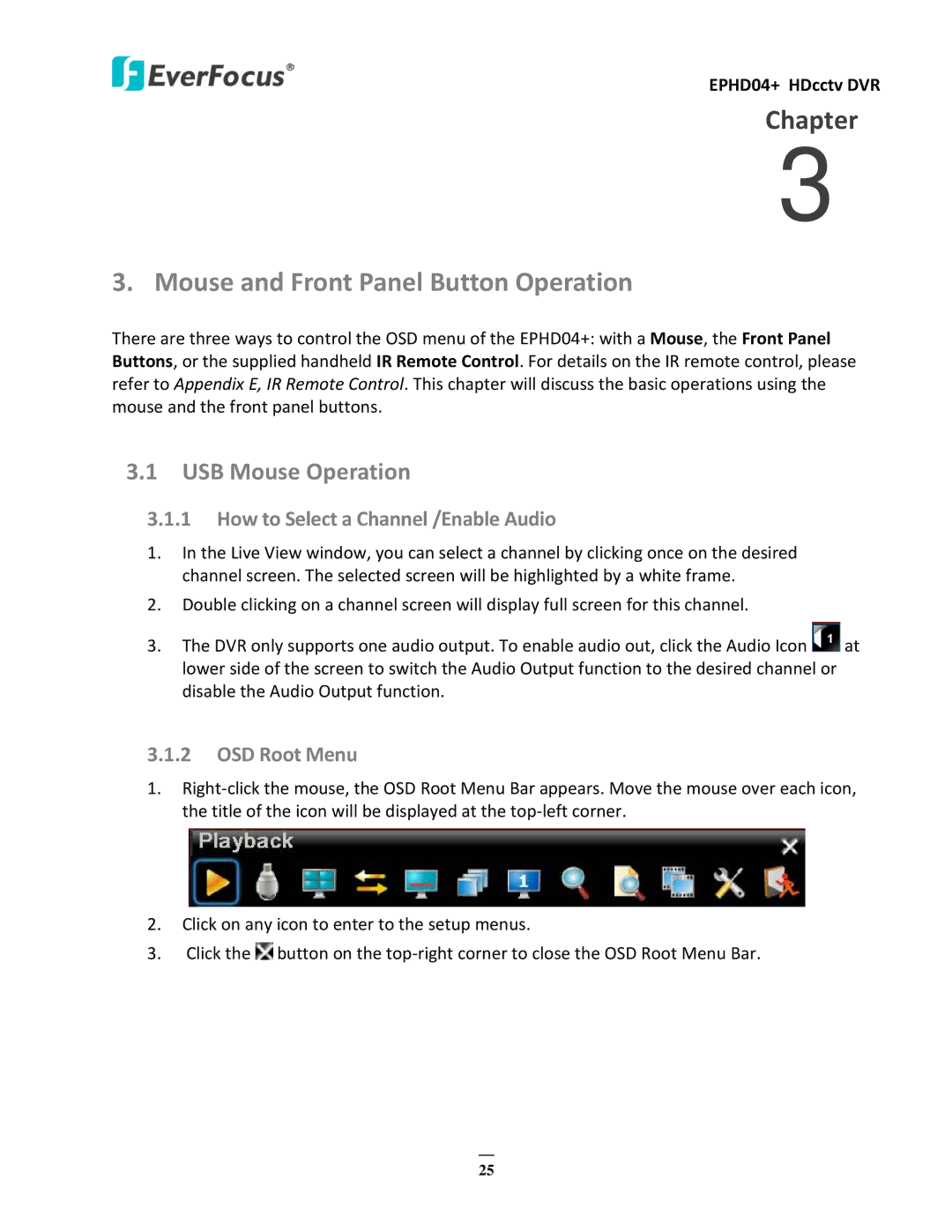 EverFocus EPHD04+ Mouse and Front Panel Button Operation, USB Mouse Operation, How to Select a Channel /Enable Audio 