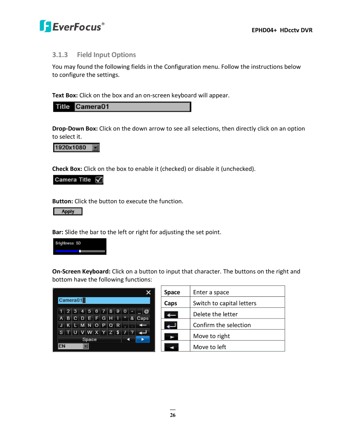 EverFocus EPHD04+ user manual Field Input Options, Space, Caps 