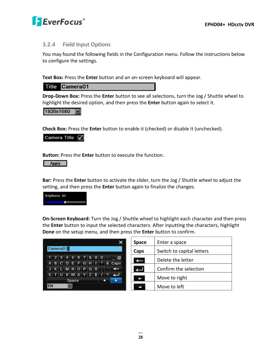 EverFocus EPHD04+ user manual Field Input Options 