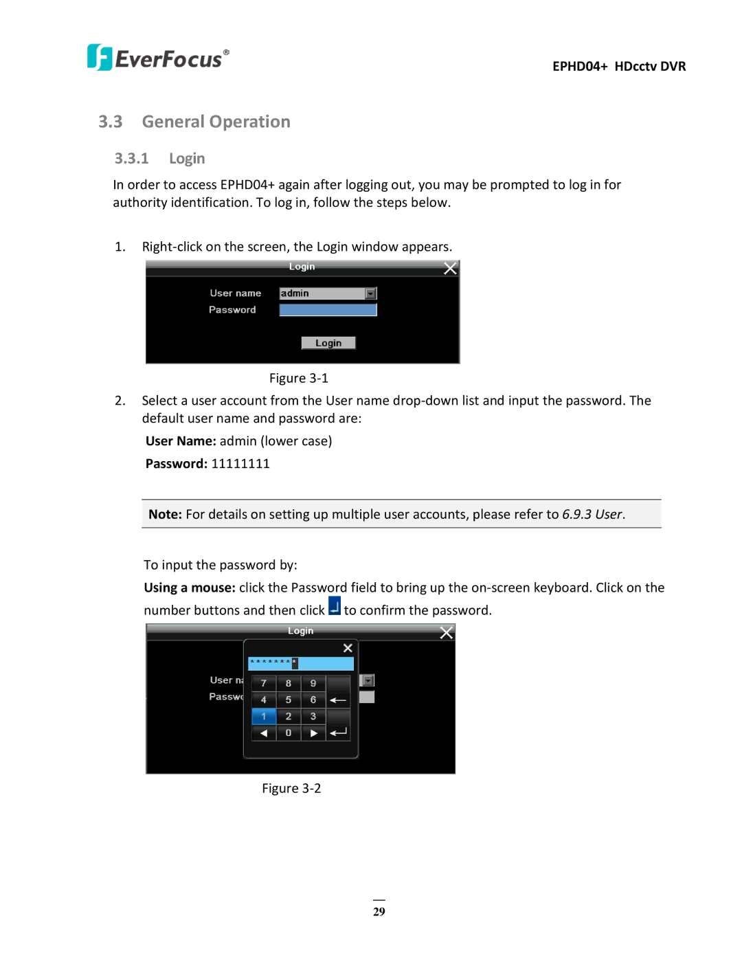 EverFocus EPHD04+ user manual General Operation, Login, Password 