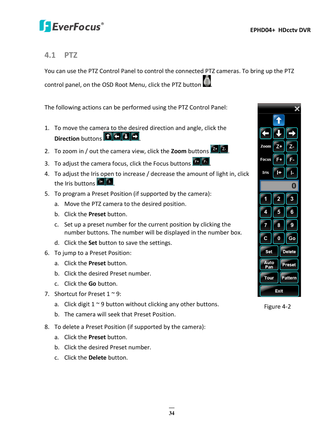 EverFocus EPHD04+ user manual Ptz, Direction buttons 