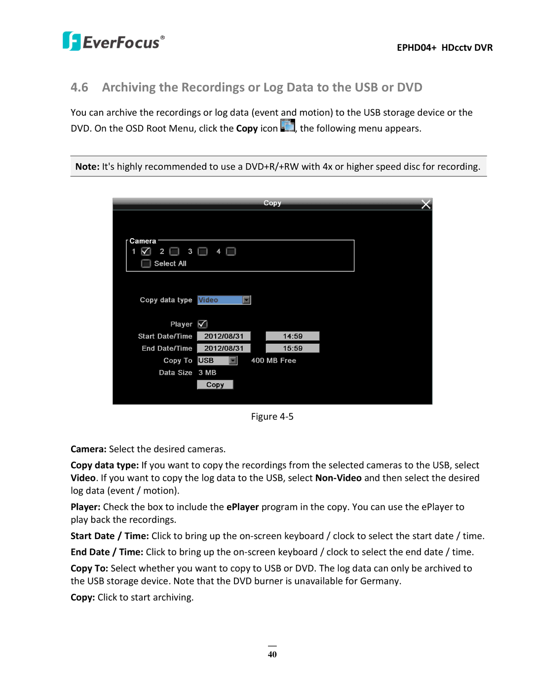 EverFocus EPHD04+ user manual Archiving the Recordings or Log Data to the USB or DVD 