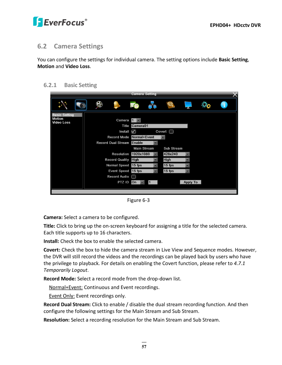 EverFocus EPHD04+ user manual Camera Settings, Basic Setting 